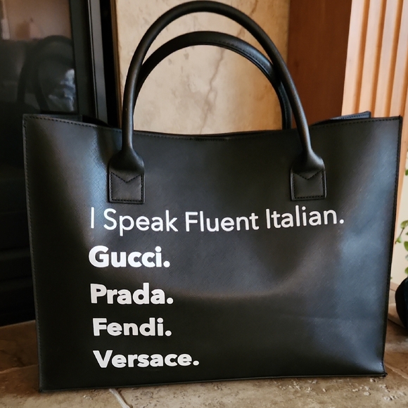 LA/TC Handbags - LA/TC Black Vegan Leather Tote Bag with Italian Fashion Print